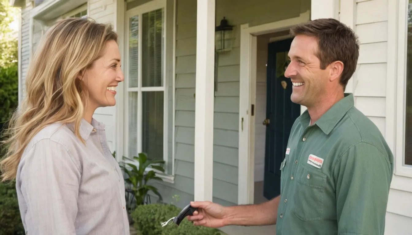 A friendly provider talking with a homeowner at the front door of a house in Farmington