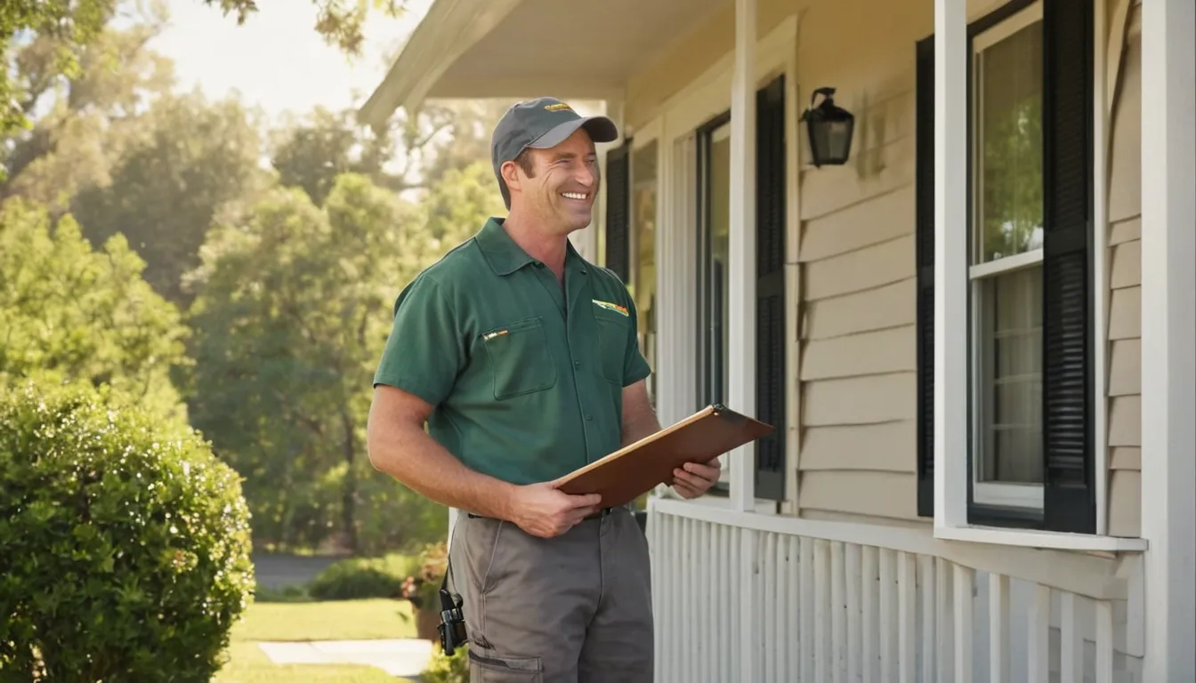A friendly local pest control provider talking with a homeowner at the front door of a house in Farmington